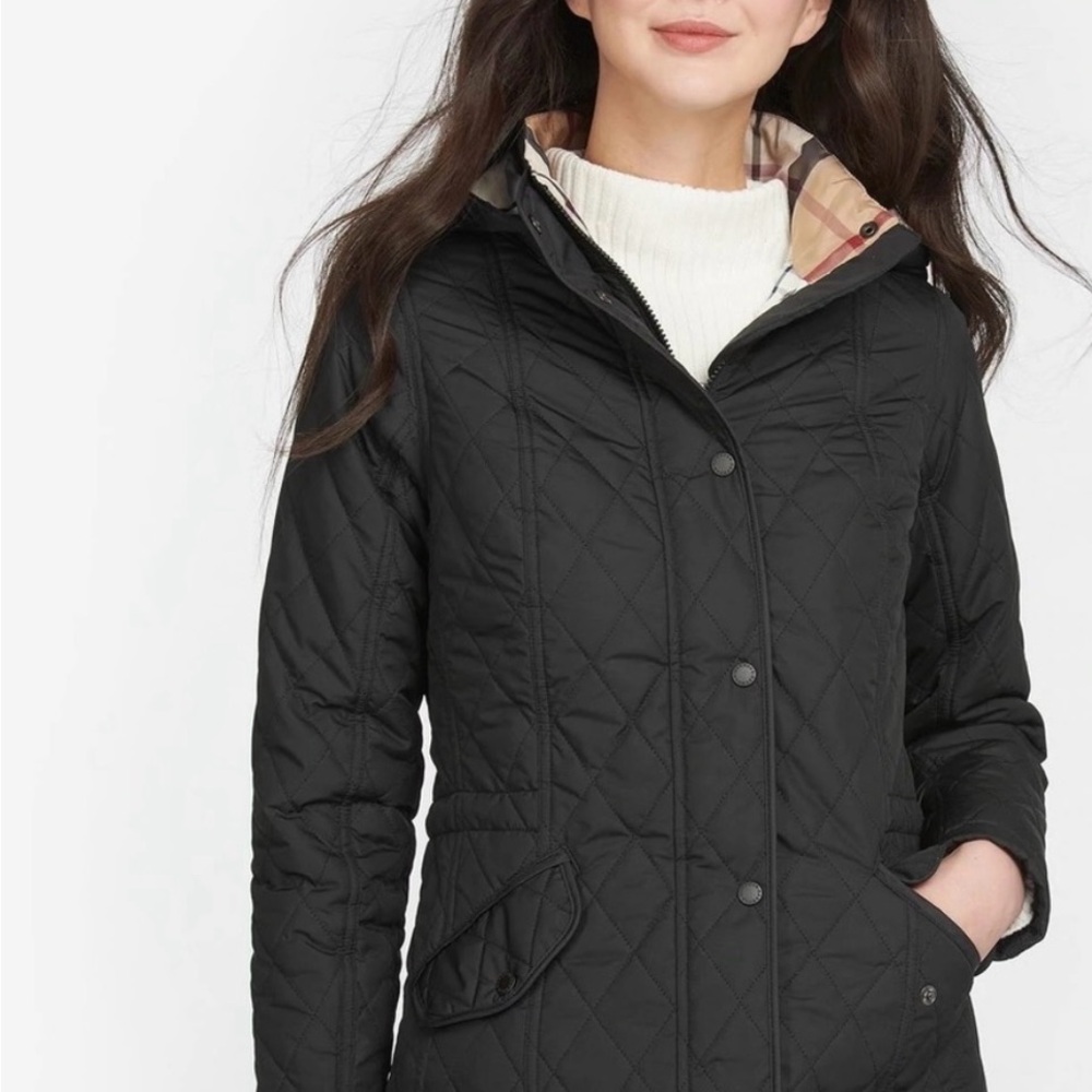 NWOT Barbour Women’s Millfire Quilted Hooded Jacket, Black/Tartan